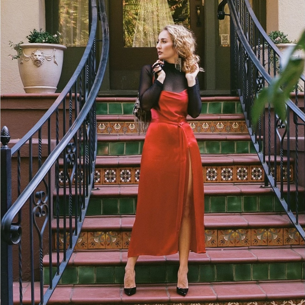 Zara satin red dress (and the black mesh top if wanted)